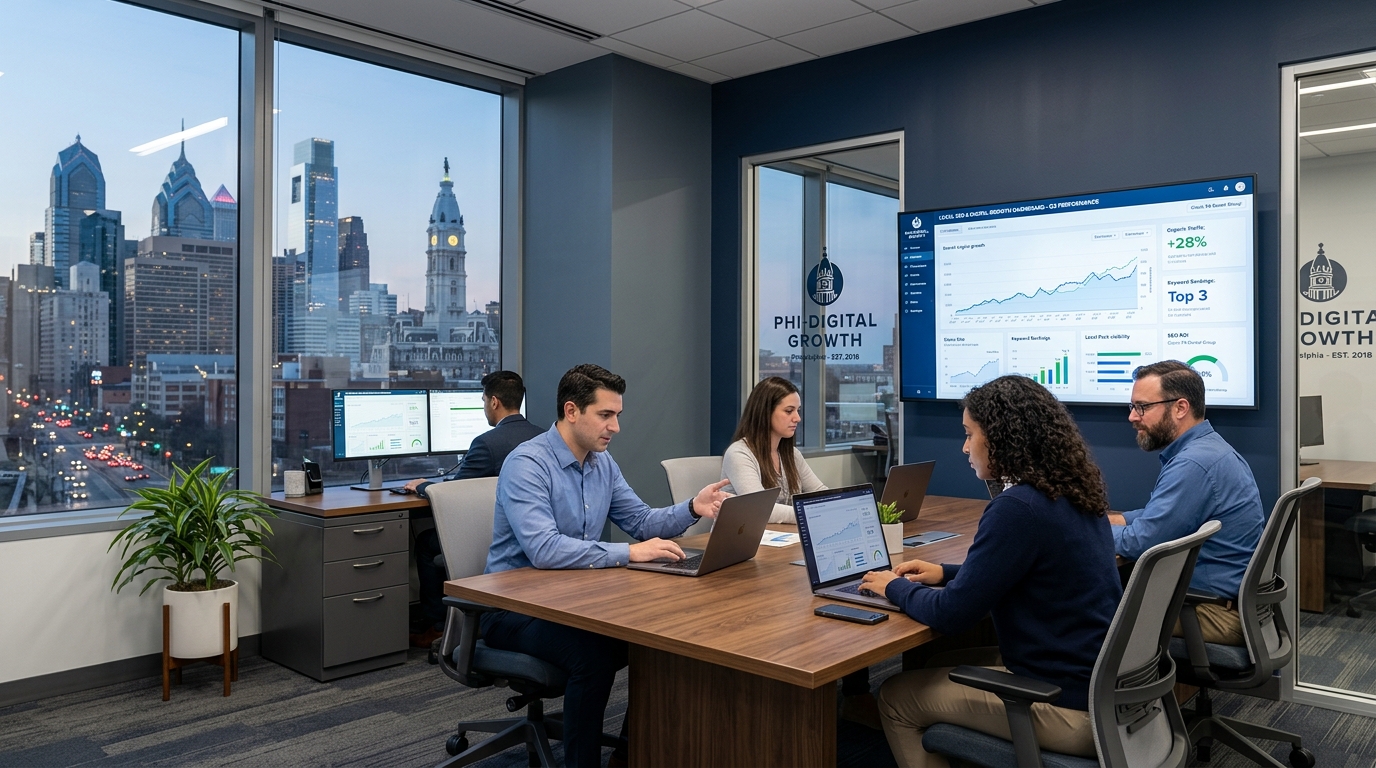 Becard Dynex Media search marketing team reviewing Philadelphia client analytics